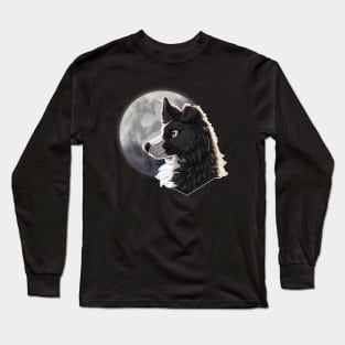 Black Border Collie with Night Sky Full Moon Long Sleeve T-Shirt